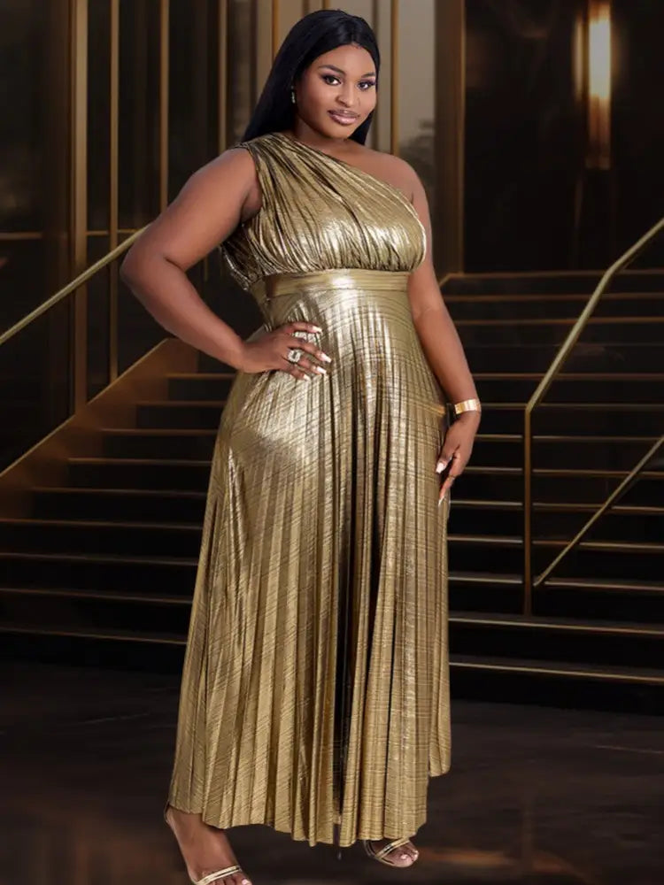 One Shoulder Party Maxi Dress Shiny Pleated