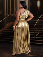 One Shoulder Party Maxi Dress Shiny Pleated