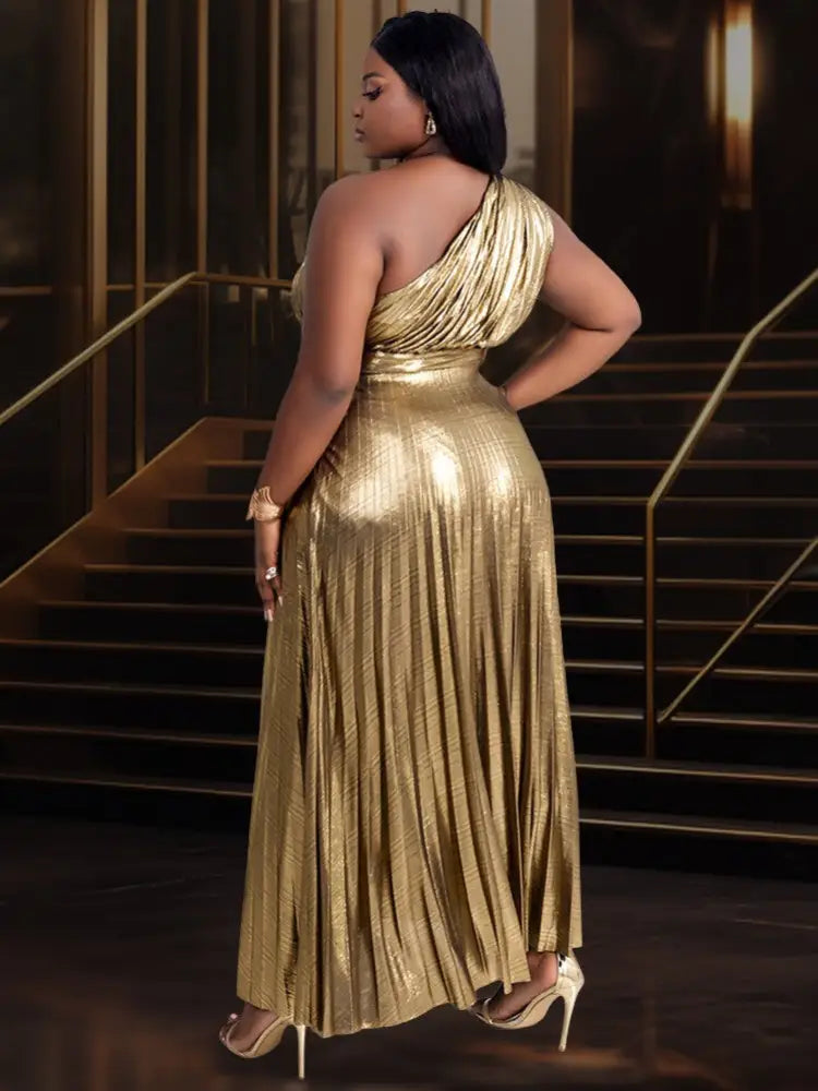 One Shoulder Party Maxi Dress Shiny Pleated
