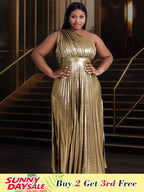 One Shoulder Party Maxi Dress Shiny Pleated