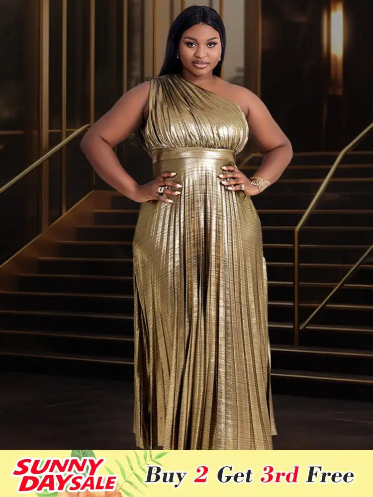 One Shoulder Party Maxi Dress Shiny Pleated