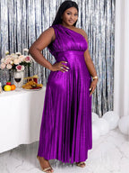 One Shoulder Party Maxi Dress Shiny Pleated