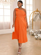 One Shoulder Pleated Dress Ruffles Sleeveless High Waist