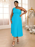 One Shoulder Pleated Dress Ruffles Sleeveless High Waist