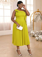 One Shoulder Pleated Dress Ruffles Sleeveless High Waist