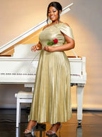 One Shoulder Sleeveless Shiny Gold Long Pleated Dresses