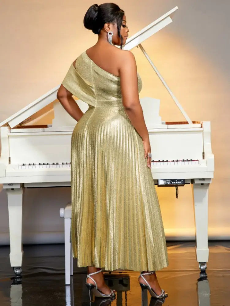 One Shoulder Sleeveless Shiny Gold Long Pleated Dresses