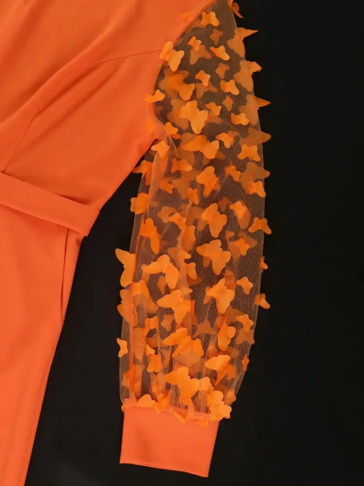 Orange Jumpsuit O Neck Sheer Long Sleeve 3D Butterfly
