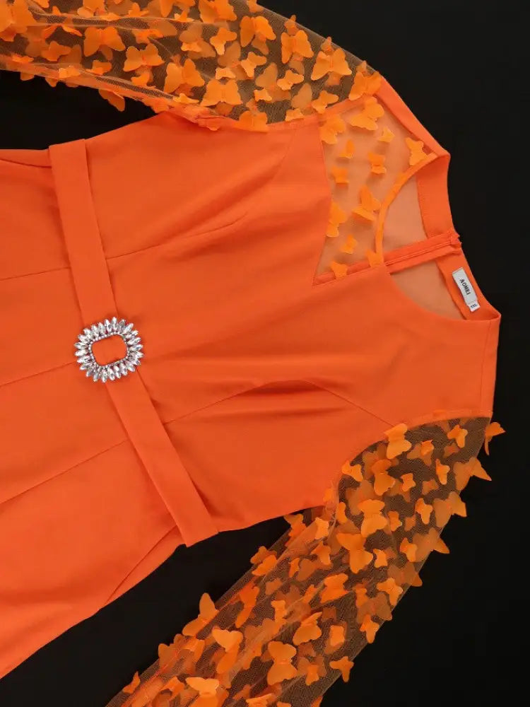 Orange Jumpsuit O Neck Sheer Long Sleeve 3D Butterfly