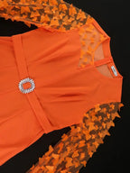 Orange Jumpsuit O Neck Sheer Long Sleeve 3D Butterfly