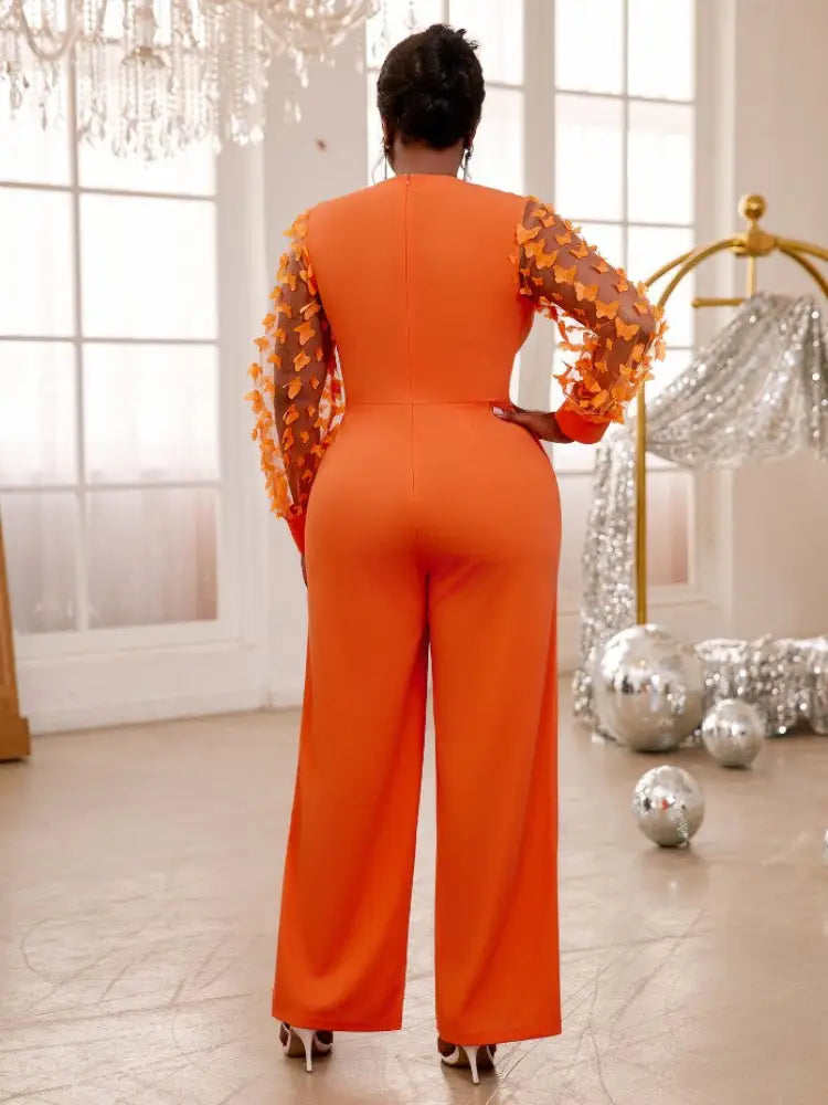Orange Jumpsuit O Neck Sheer Long Sleeve 3D Butterfly