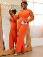 Orange Jumpsuit O Neck Sheer Long Sleeve 3D Butterfly