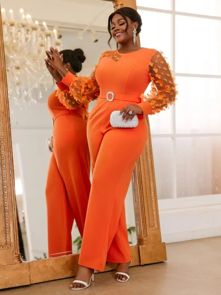 Orange Jumpsuit O Neck Sheer Long Sleeve 3D Butterfly