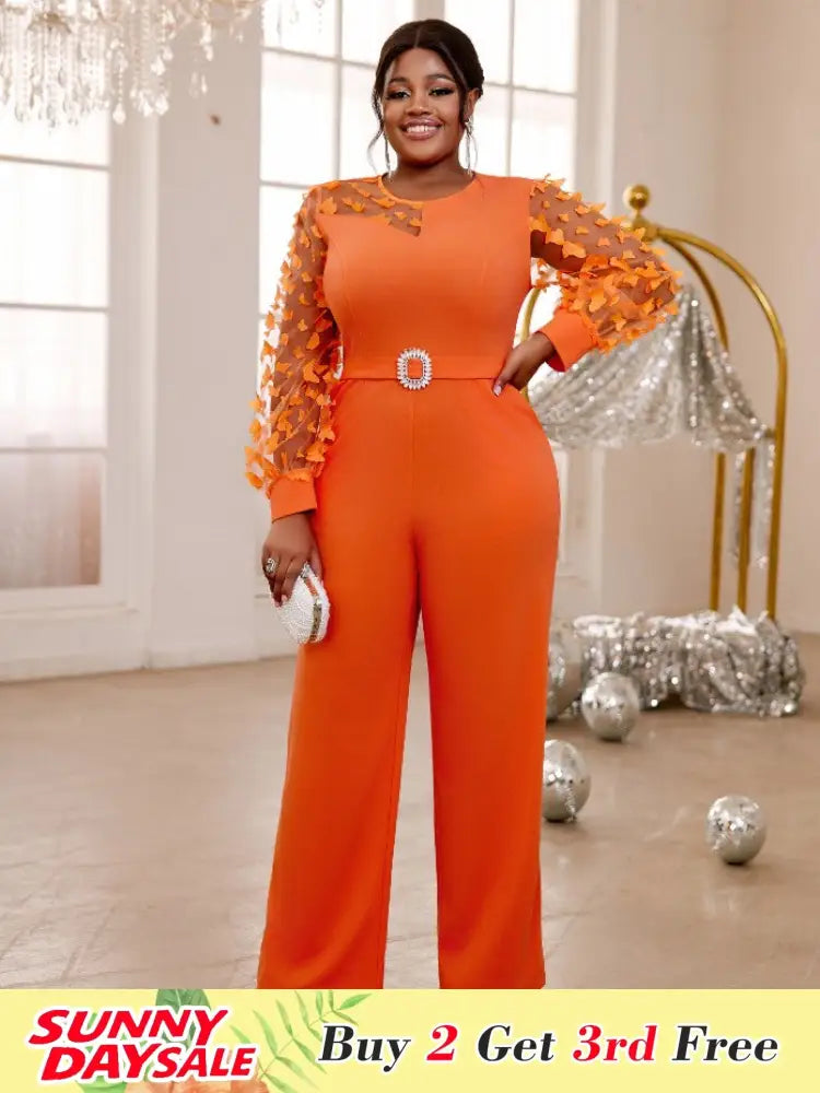 Orange Jumpsuit O Neck Sheer Long Sleeve 3D Butterfly