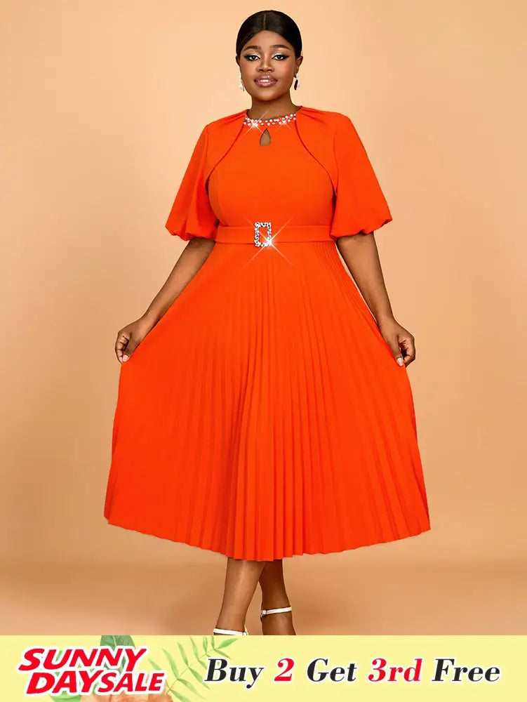 Orange Mid Calf Dresses O Neck Half Puff Sleeves Wedding Guest Dress