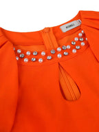 Orange Mid Calf Dresses O Neck Half Puff Sleeves Wedding Guest Dress