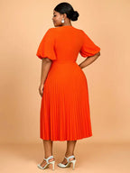Orange Mid Calf Dresses O Neck Half Puff Sleeves Wedding Guest Dress