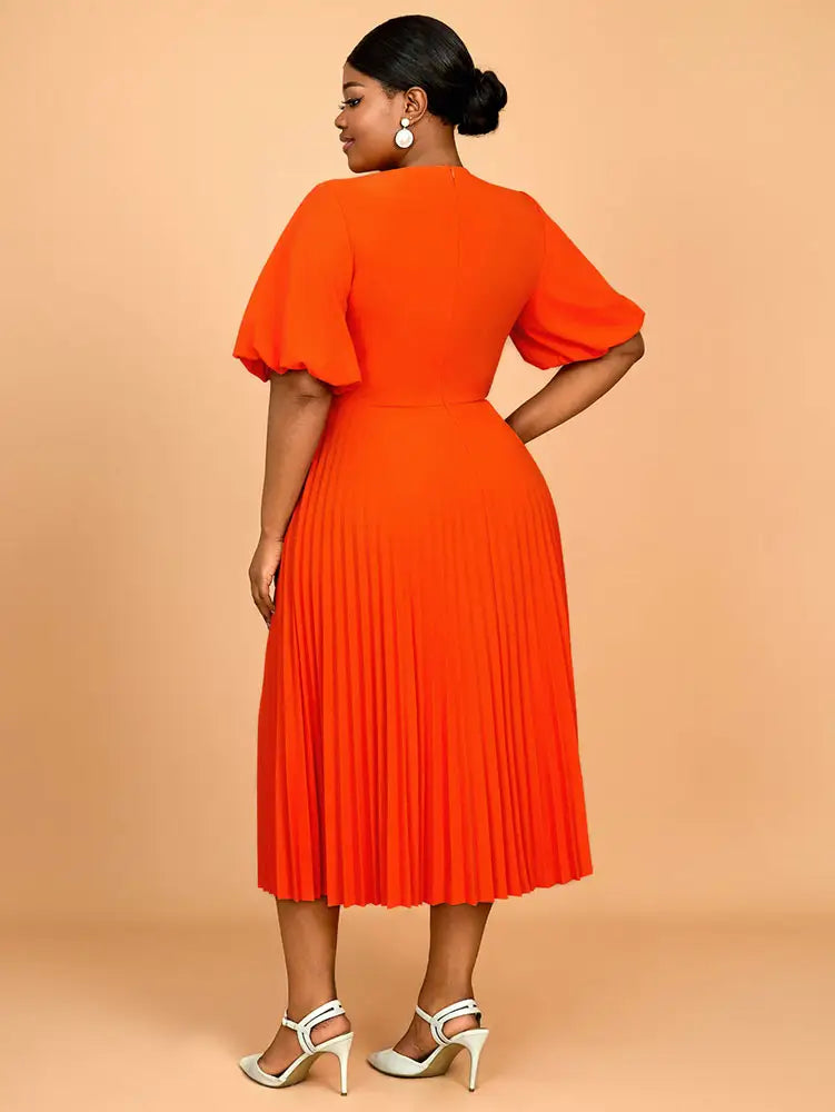 Orange Mid Calf Dresses O Neck Half Puff Sleeves Wedding Guest Dress