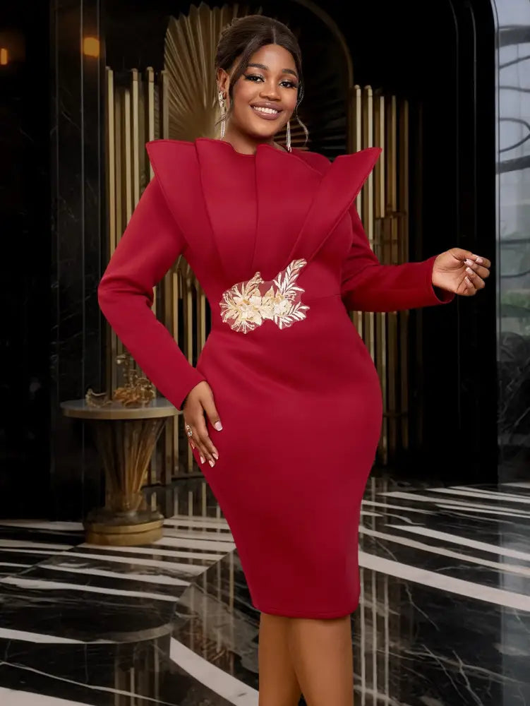 Party Dress O Neck Long Sleeves Appliques High Waist Midi