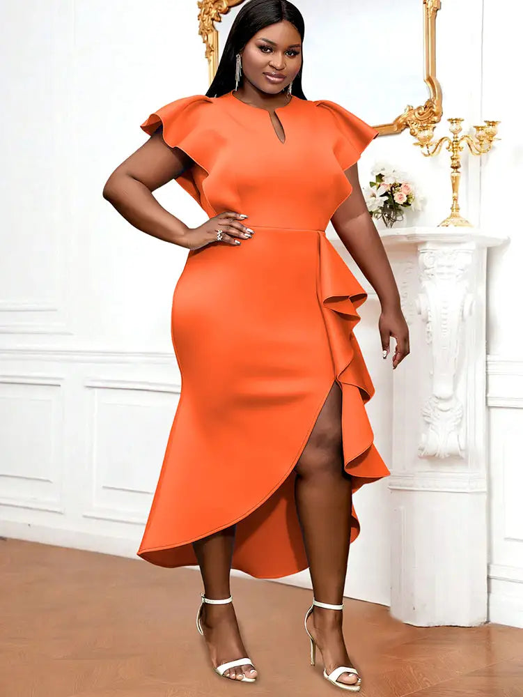 Party Dresses High Slit Ruffles Cap Sleeves Wedding Guest Party Birthday Gowns