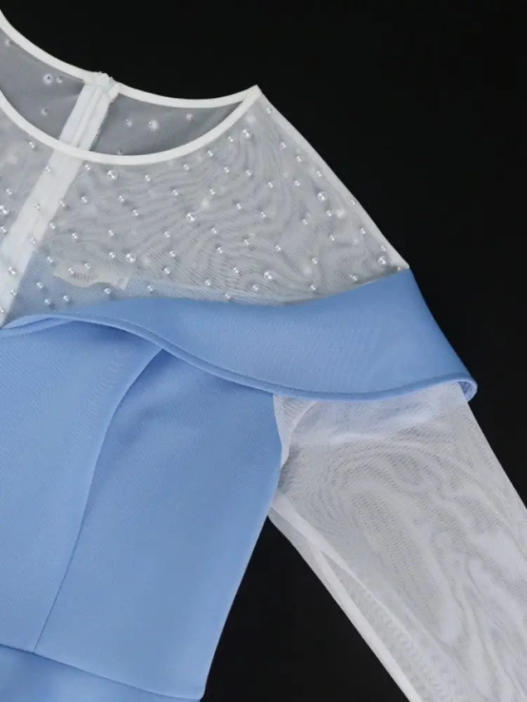 Peplum Dresses O Neck Long Sheer Beaded Sleeve High Waist