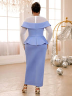 Peplum Dresses O Neck Long Sheer Beaded Sleeve High Waist