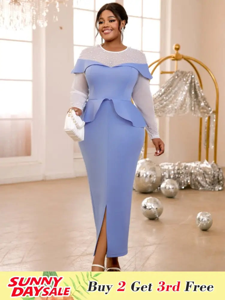 Peplum Dresses O Neck Long Sheer Beaded Sleeve High Waist