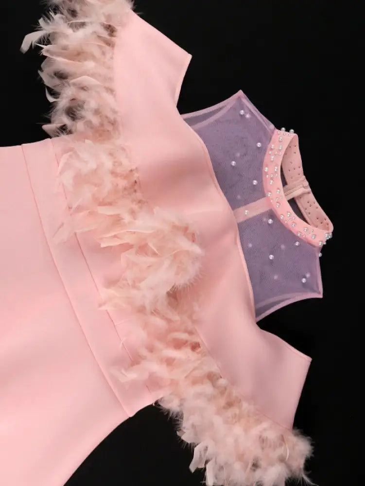 Pink A Line Dress Mock Neck Tulle Beaded Feather Patchwork