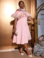 Pink A Line Dress Mock Neck Tulle Beaded Feather Patchwork