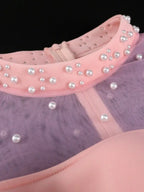 Pink A Line Dress Mock Neck Tulle Beaded Feather Patchwork