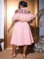 Pink A Line Dress Mock Neck Tulle Beaded Feather Patchwork