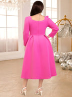 Pink A Line Dress Square Collar Long Sleeve Lovely Bowtie