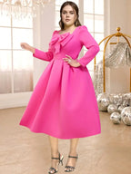 Pink A Line Dress Square Collar Long Sleeve Lovely Bowtie