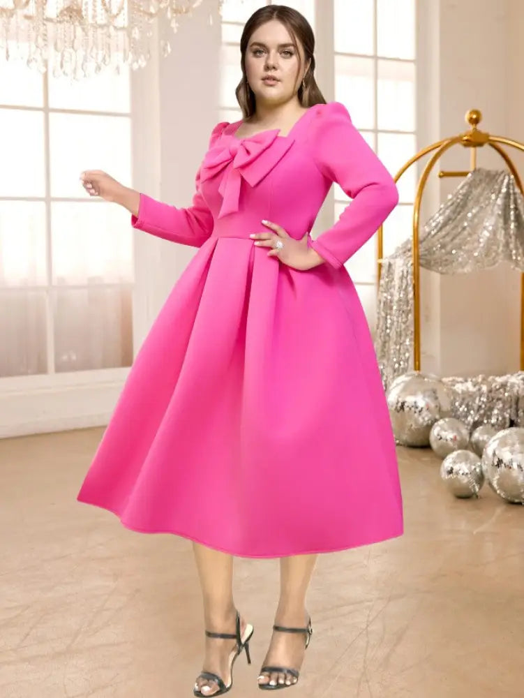 Pink A Line Dress Square Collar Long Sleeve Lovely Bowtie