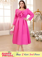 Pink A Line Dress Square Collar Long Sleeve Lovely Bowtie