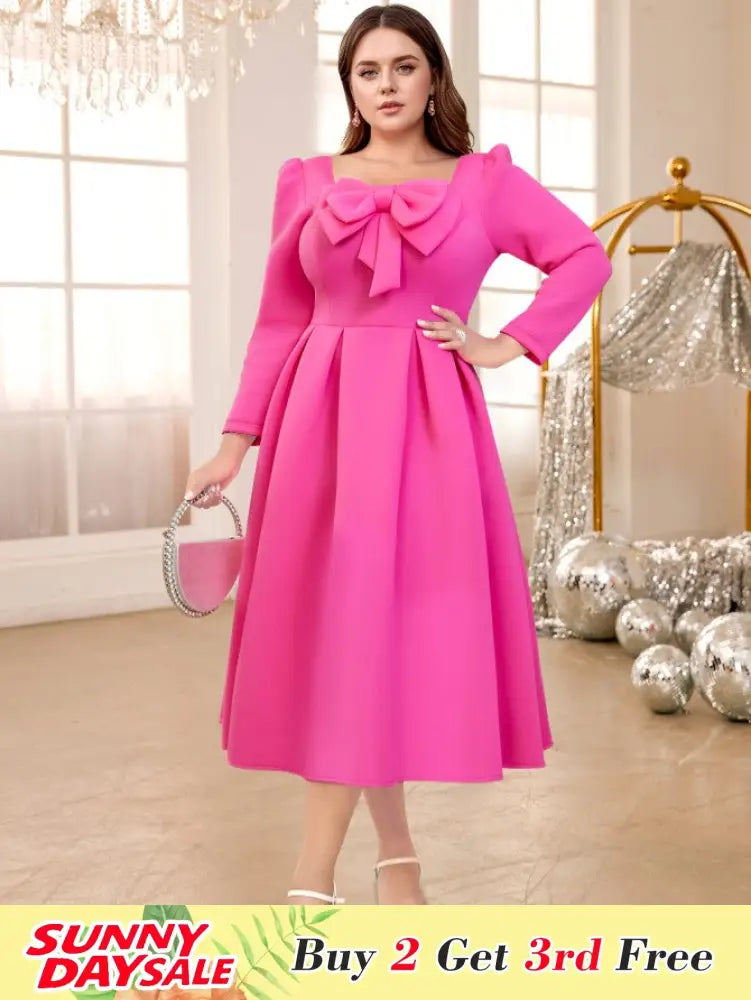 Pink A Line Dress Square Collar Long Sleeve Lovely Bowtie