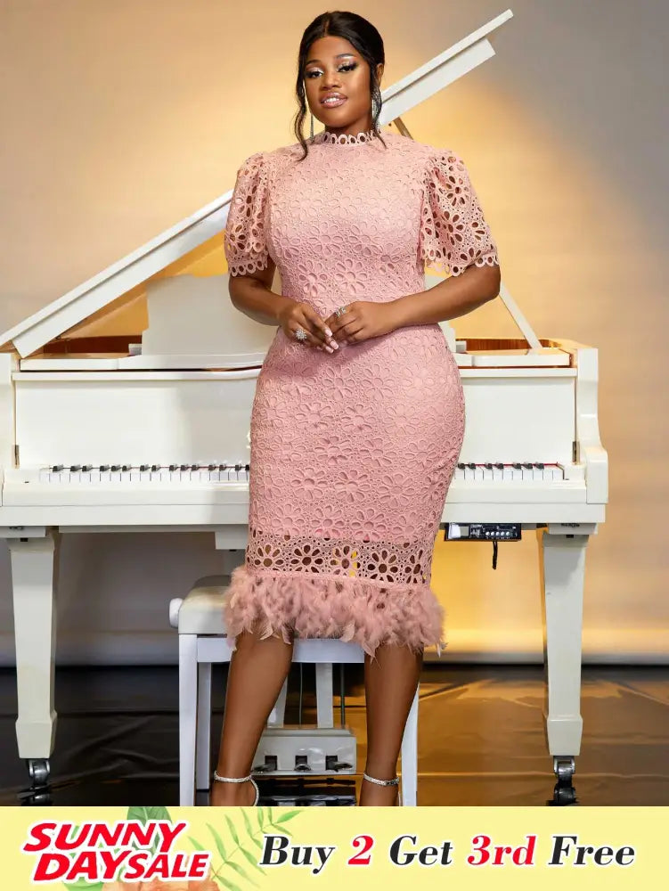 Pink Lace Dresses for Women Bodycon Feather Patchwork