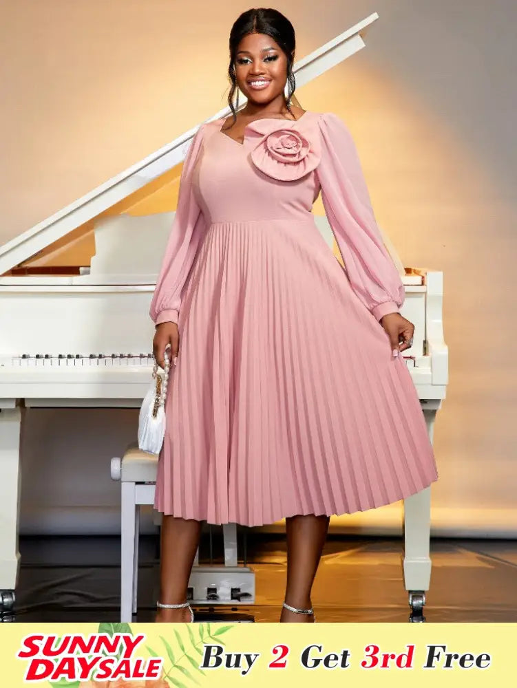 Pink Long Lantern Sleeves V Neck 3D Rose Pleated Dress