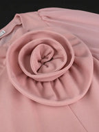 Pink Long Lantern Sleeves V Neck 3D Rose Pleated Dress
