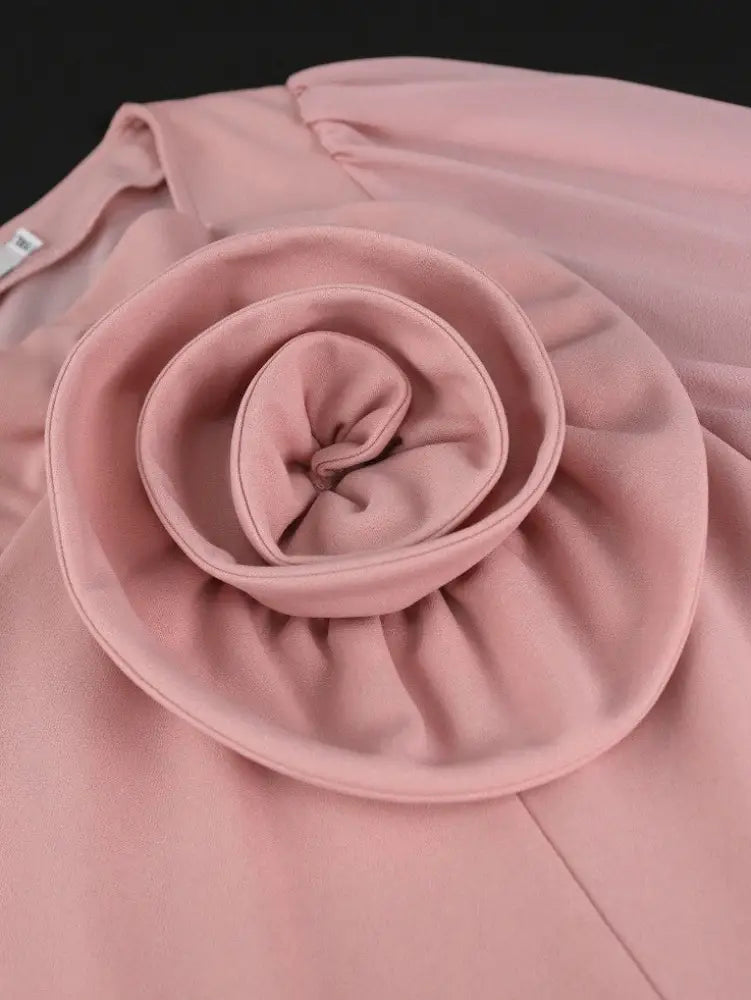 Pink Long Lantern Sleeves V Neck 3D Rose Pleated Dress
