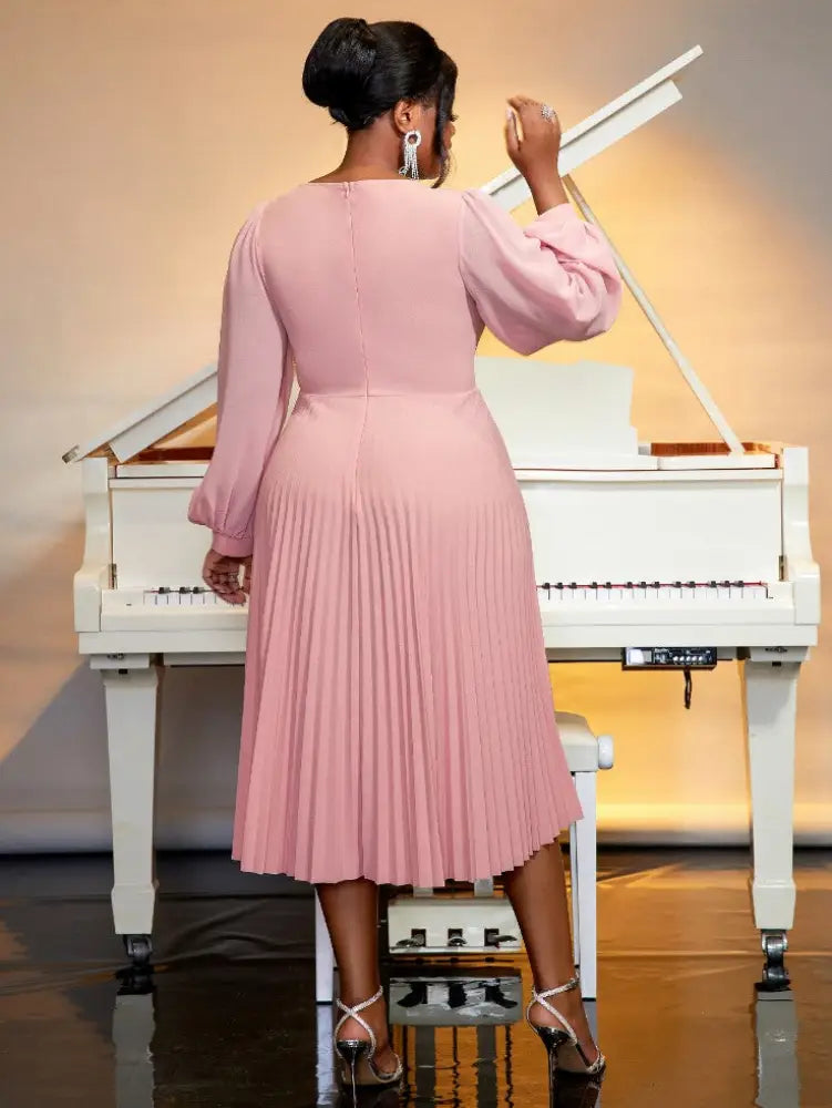 Pink Long Lantern Sleeves V Neck 3D Rose Pleated Dress