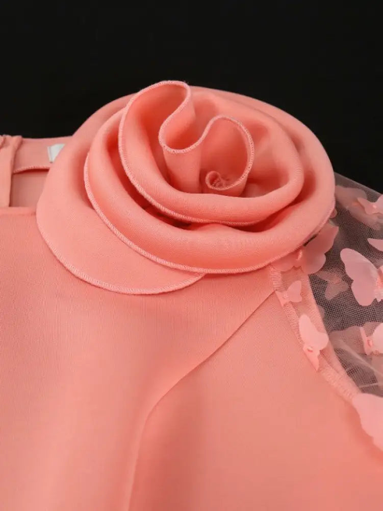 Pink Maxi Dress O Neck Sheer Lantern Sleeve with 3D Flower
