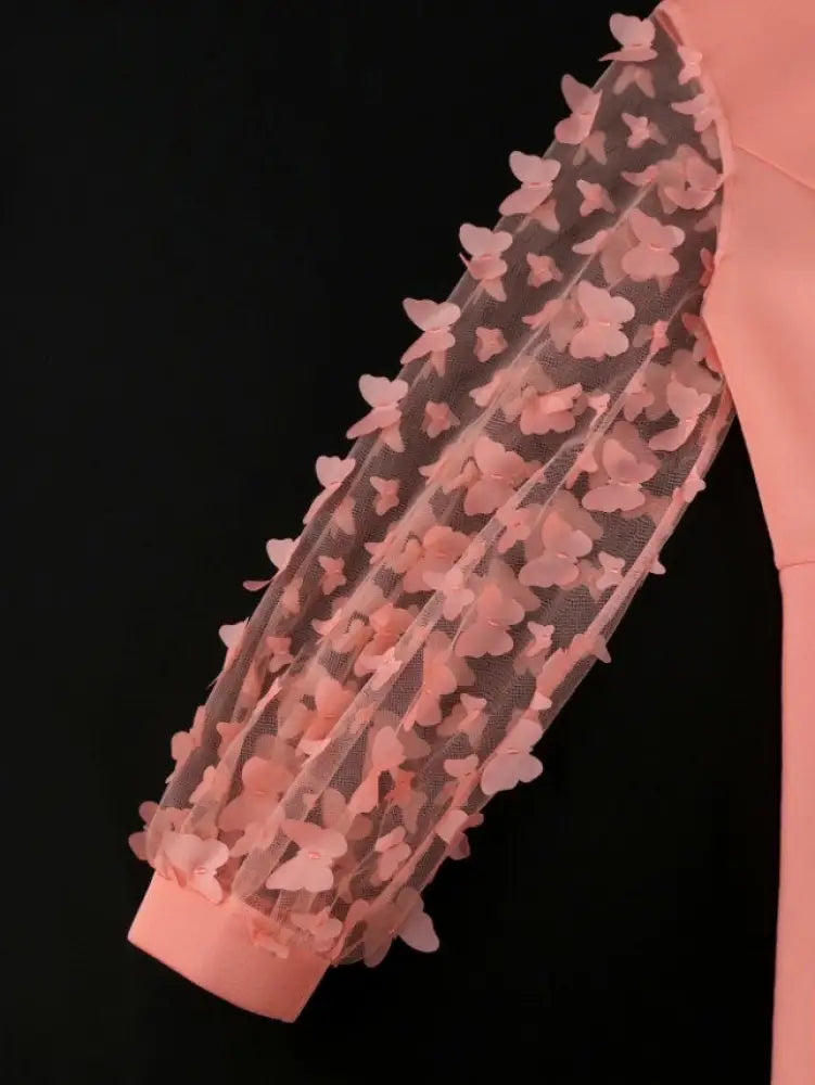 Pink Maxi Dress O Neck Sheer Lantern Sleeve with 3D Flower