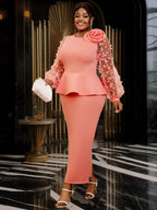 Pink Maxi Dress O Neck Sheer Lantern Sleeve with 3D Flower