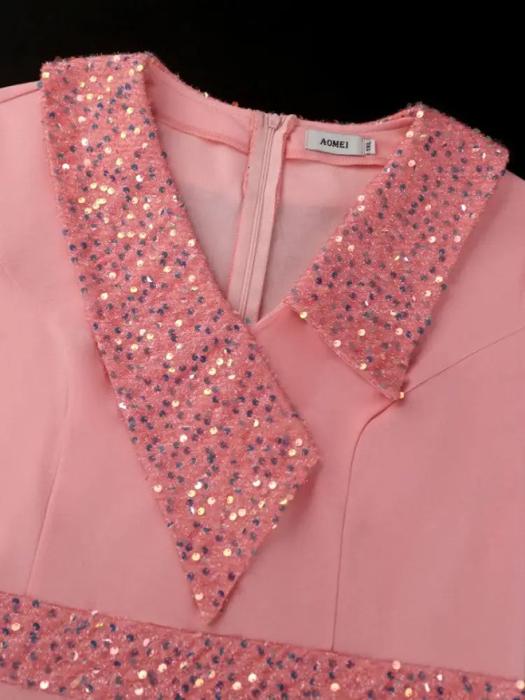 Pink Maxi Pleated Dress Irregular Glitter Neck High Waist