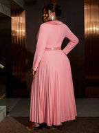 Pink Maxi Pleated Dress Irregular Glitter Neck High Waist