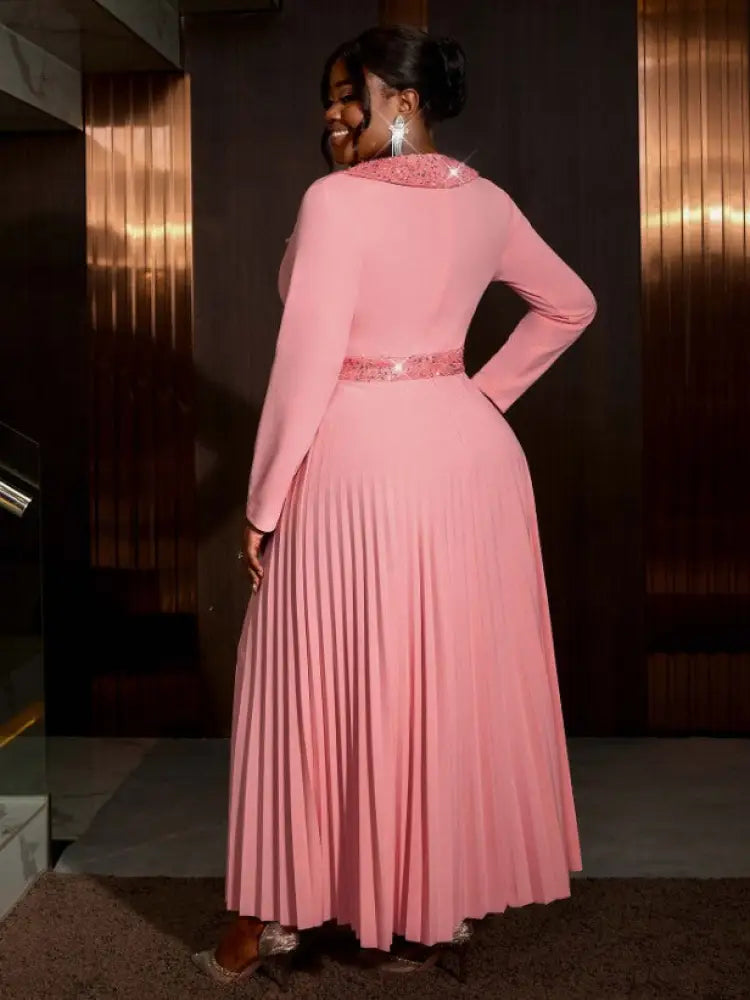 Pink Maxi Pleated Dress Irregular Glitter Neck High Waist