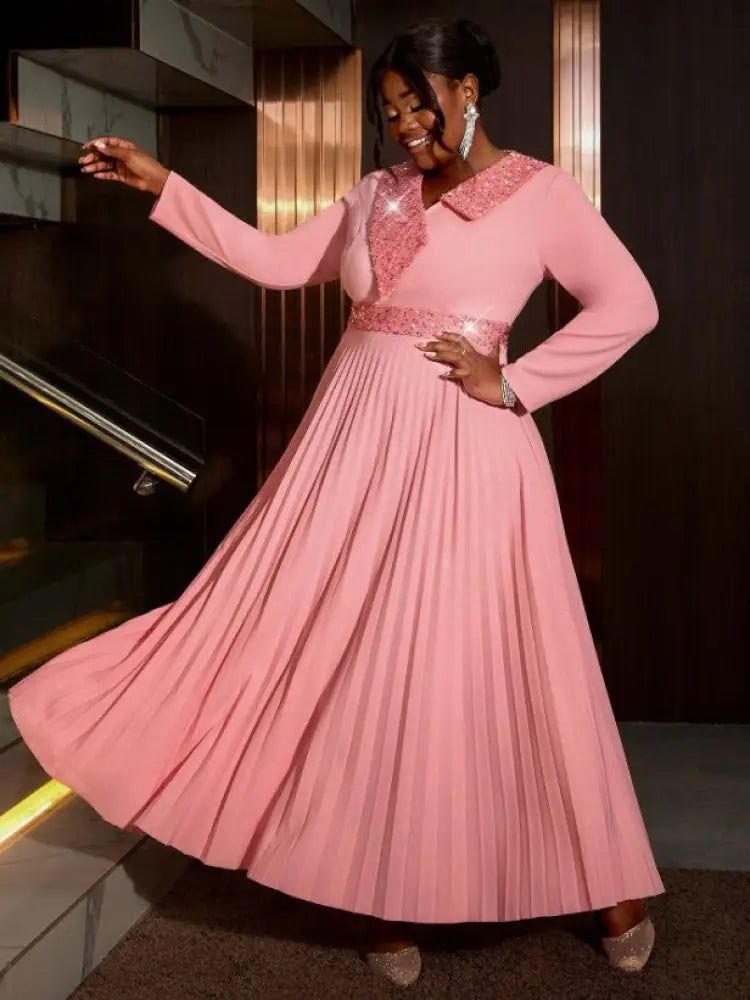 Pink Maxi Pleated Dress Irregular Glitter Neck High Waist