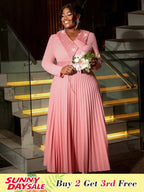 Pink Maxi Pleated Dress Irregular Glitter Neck High Waist