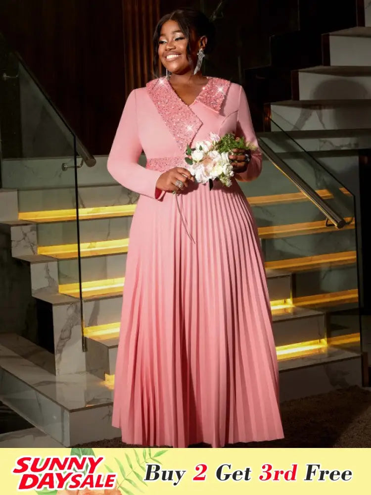Pink Maxi Pleated Dress Irregular Glitter Neck High Waist